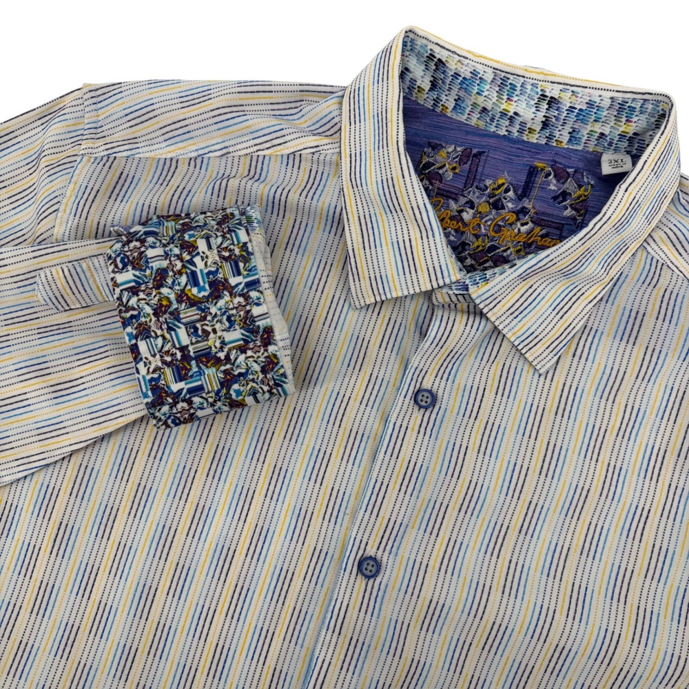 Robert Graham Mens 2XL‎ Purple Yellow Blue Button Down Striped Flip Cuffs White